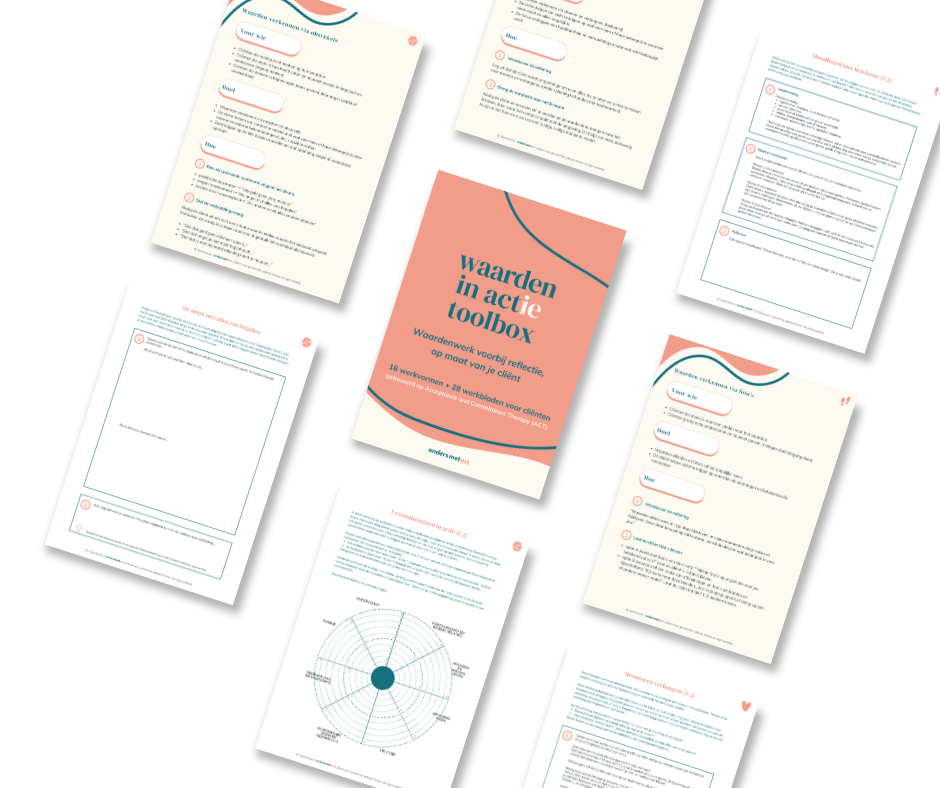 Reeks pagina's van een document met de titel 'waarden in actie toolbox', inclusief tekstblokken en diagrammen, weergegeven op een zwarte achtergrond.
