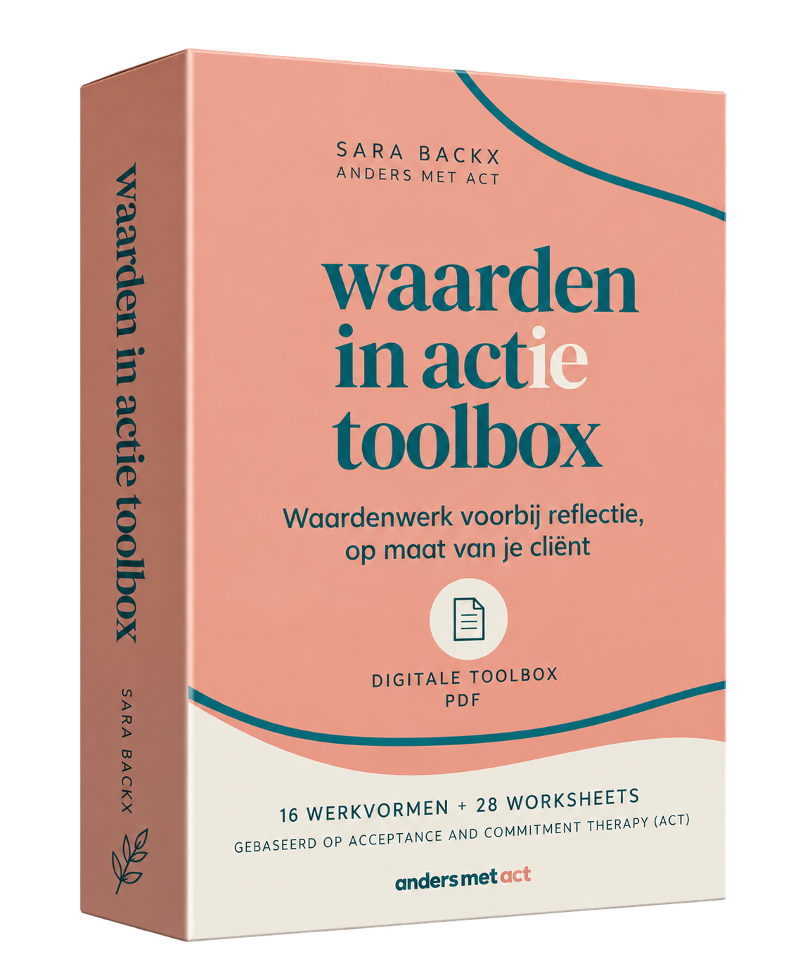 Een boek met een roze en witte kaft, titel in het Nederlands: 'Waarden in actie toolbox'.