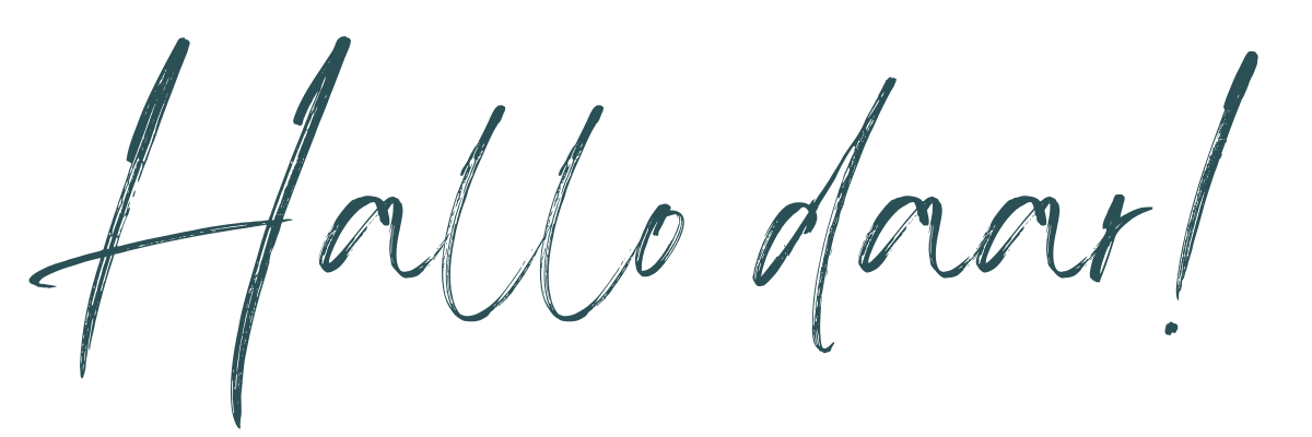 Illustratie met de tekst 'Hallo daar!' in handgeschreven stijl op een witte achtergrond.