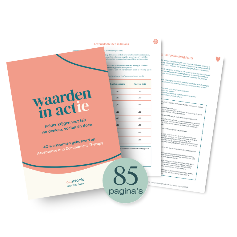 Een toolbox met de titel 'Waarden in actie', geschreven door Sara Backx, met 85 pagina's. De cover is roze en bevat tekst over het leren begrijpen en toepassen van waarden via verschillende werkvormen op basis van Acceptance and Commitment Therapy.