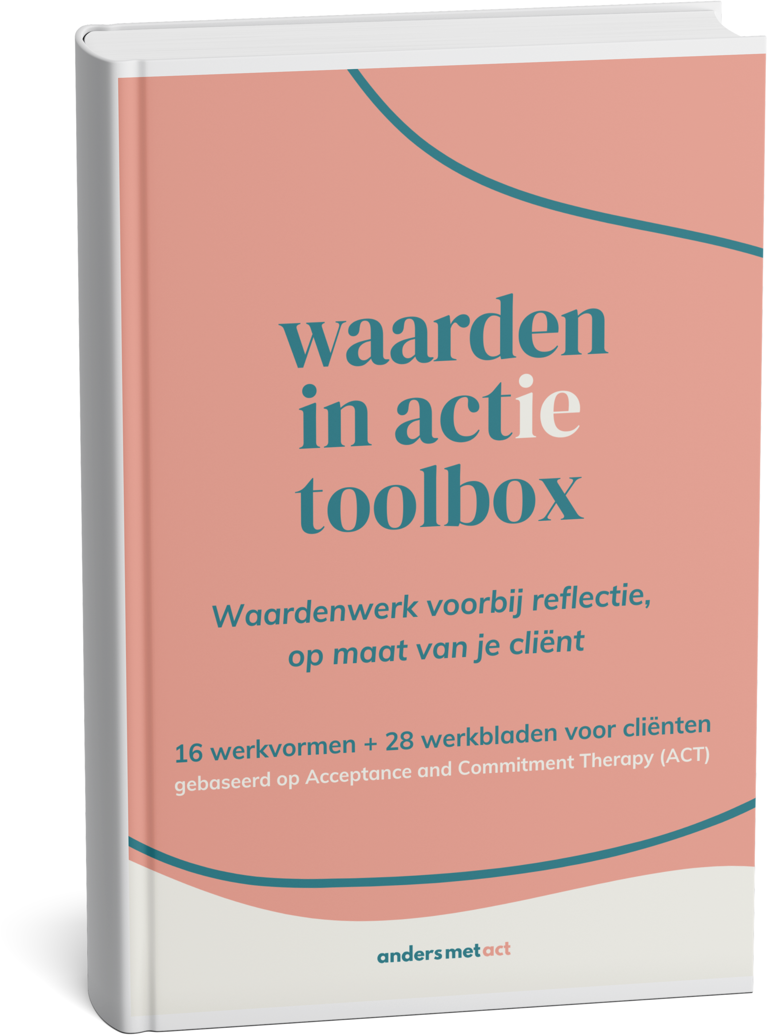 Een boek met een roze en witte kaft, titel in het Nederlands: 'Waarden in actie toolbox'.