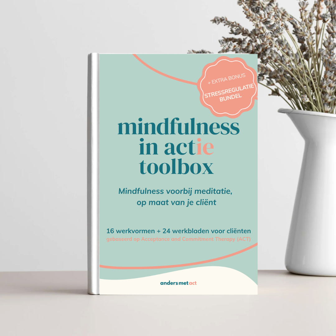 Een boek met de titel "mindfulness in actie toolbox" ligt op een wit oppervlak naast een witte vaas met gedroogde bloemen. De cover is lichtblauw met roze en witte accenten.