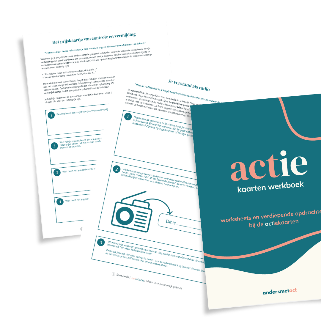 ACT actiekaarten werkboek - digitaal werkboek met worksheets en verdiepende oefeningen bij het ACT kaartendeck, voor therapie, coaching en persoonlijk gebruik.
