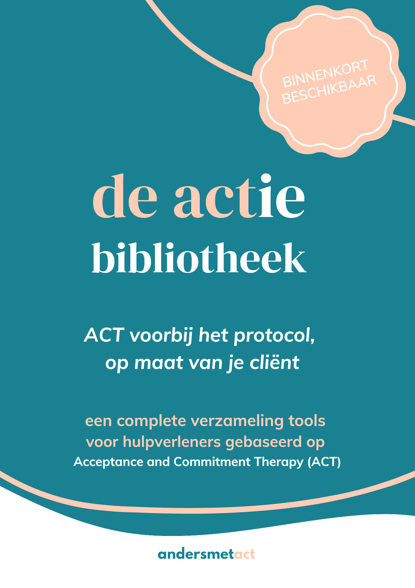 Het beeld toont een promocampagne voor een bibliotheekactie met de tekst 'de actie bibliotheek' en informatie over maatwerkprogramma's voor hulpverleners, gebaseerd op Acceptance en Commitment Therapy (ACT) met een label 'BINNENKORT BESCHIKBAAR'.