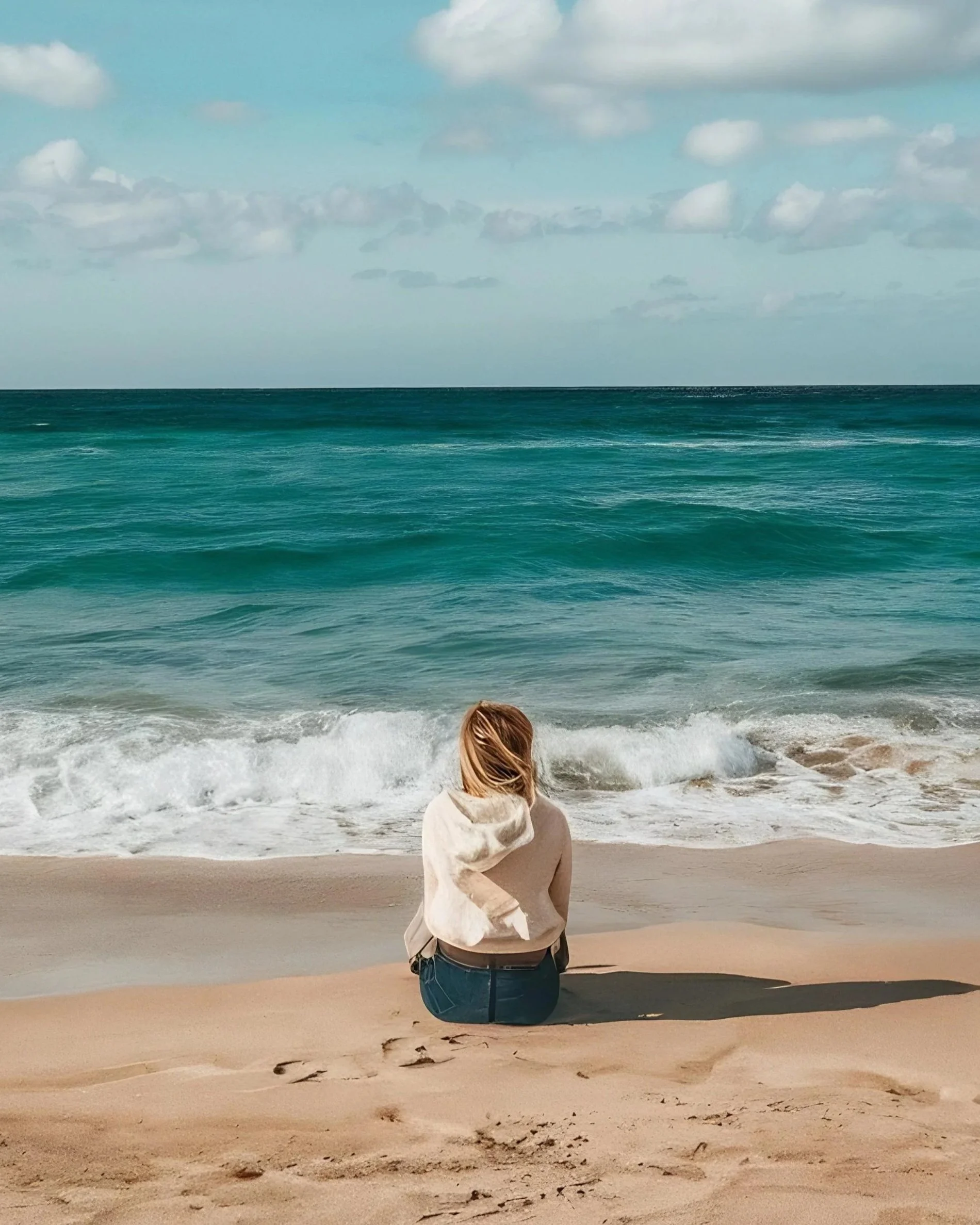 Teen girl sitting on the beach and looking out over the water