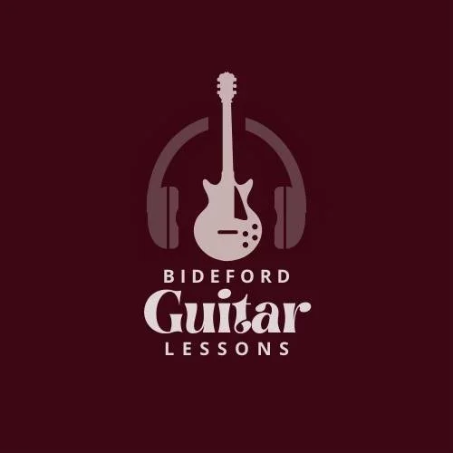 Logo for Bideford Guitar Lessons featuring an electric guitar and headphones against a dark red background. Guitar Lessons in Bideford. Guitar Lessons North Devon. Singing Lessons North Devon.