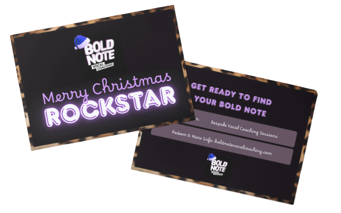 Gift cards for Bold Note Vocal Coaching, with one card reading "Merry Christmas ROCKSTAR" and the other inviting to find your bold note, featuring a festive theme.