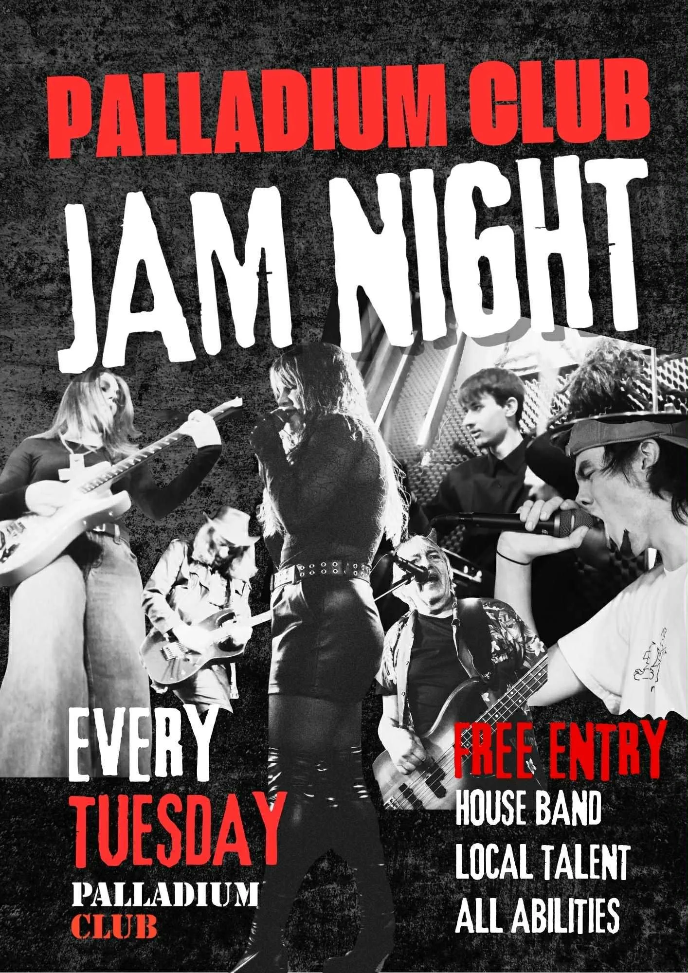 A black and white poster for a music event at Palladium Club, featuring a live band with multiple singers and musicians playing guitars and singing, with red and white text highlighting free entry every Tuesday.