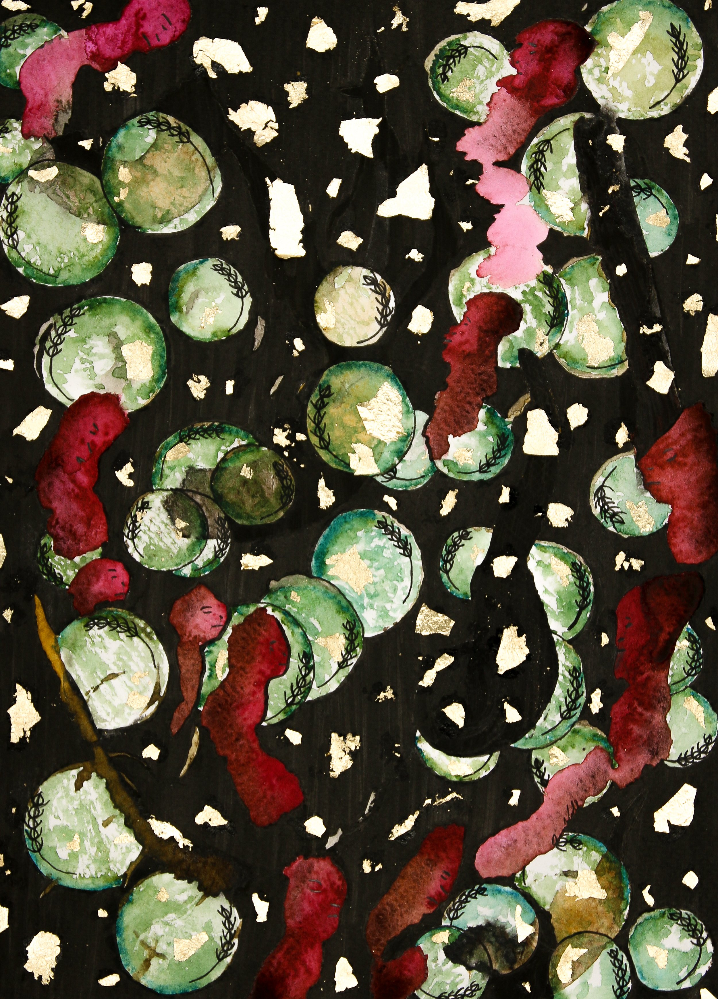 TITLE: Myopic Madness
YEAR: 2024
MEDIUM: Watercolor, ink & gold foil on paper
NOTE: In the fourth circle of Hell, Dante meets the miserly and the prodigals. They push heavy boulders back and forth endlessly shouting at one another. "Why do you hoard?