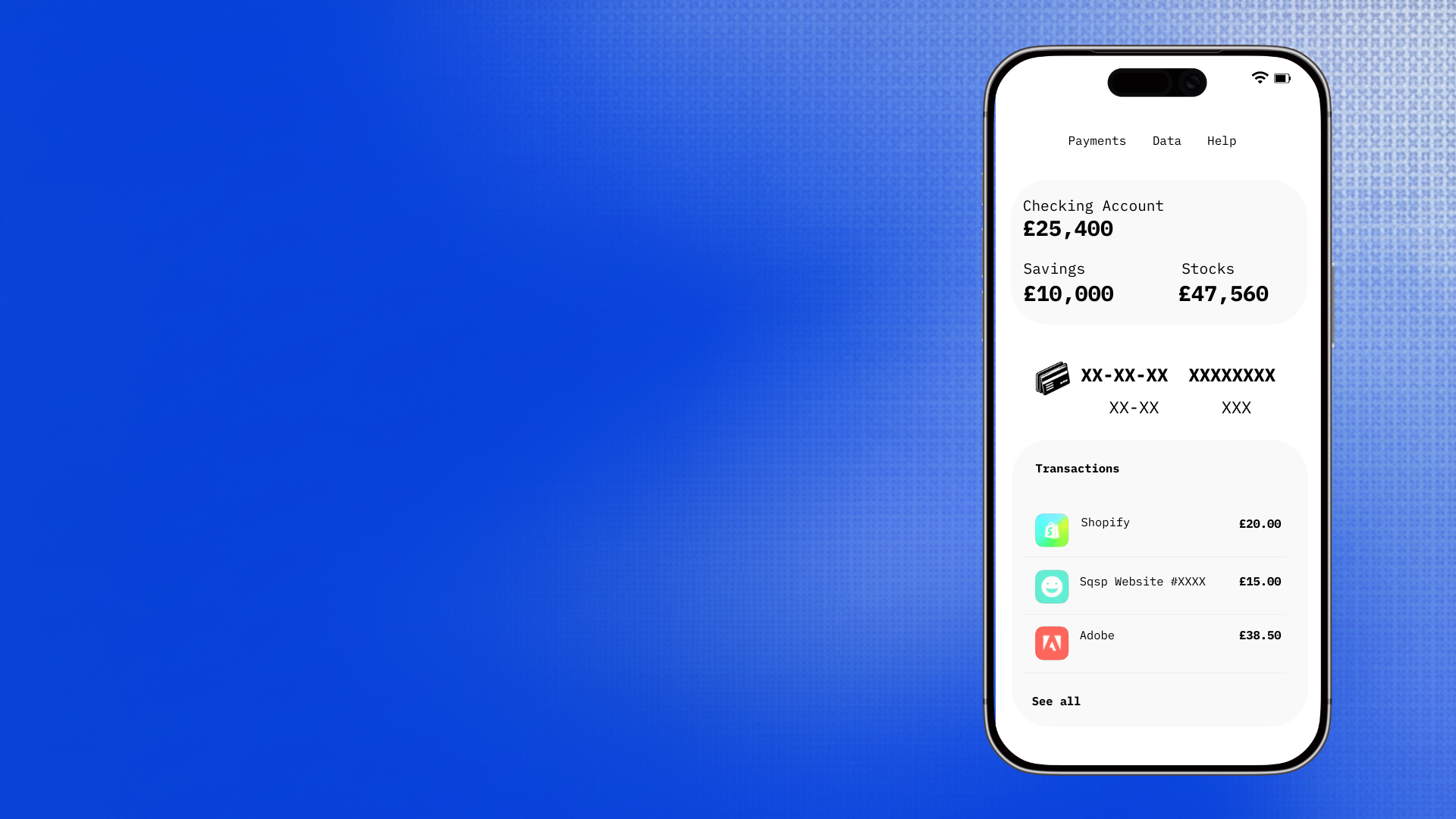 Smartphone displaying a bank account app on a blue gradient background, showing account balances, credit card details, and recent transactions.