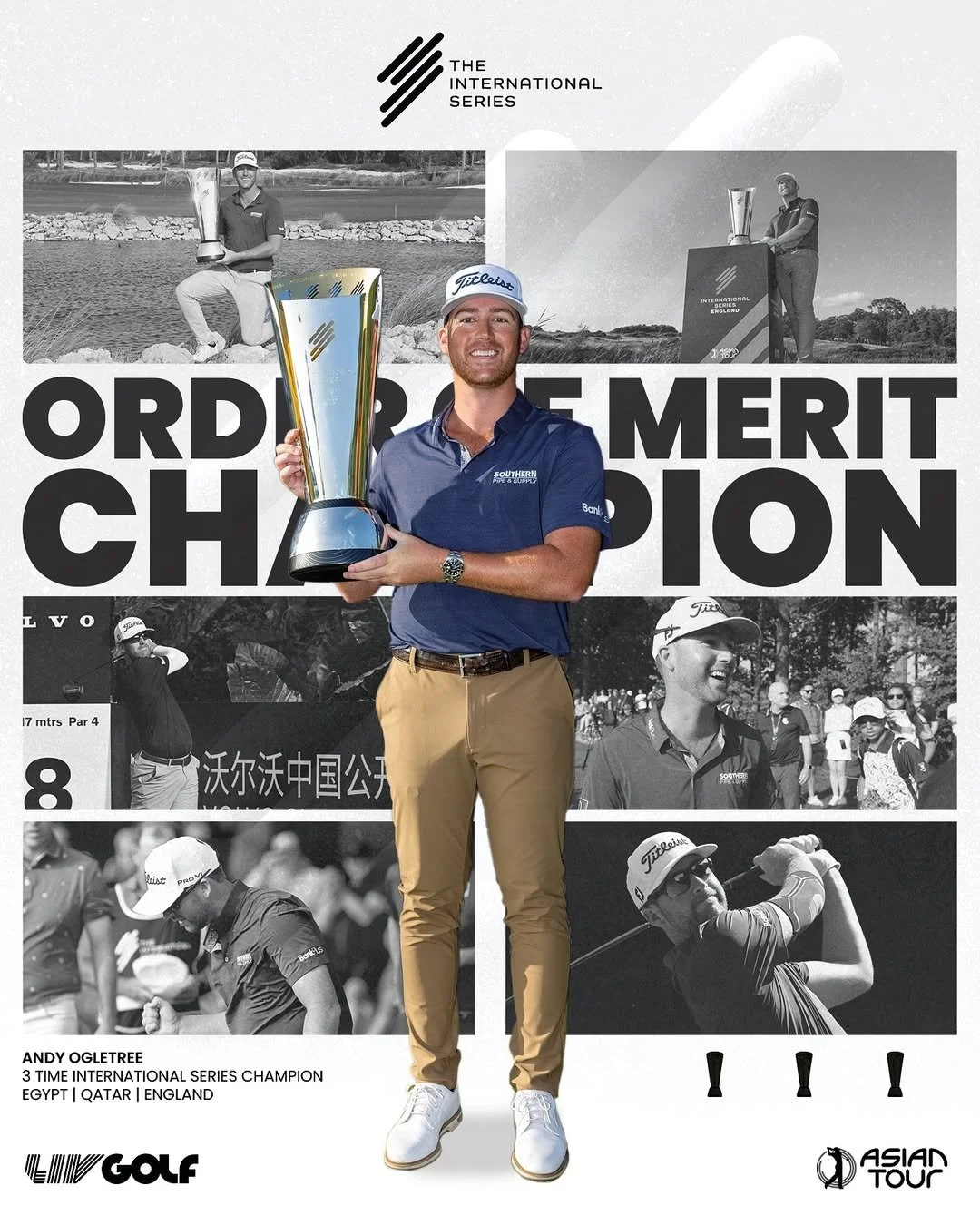 A man in golf attire holding a large trophy, standing in front of a promotional poster celebrating his victory as an international golf series champion.