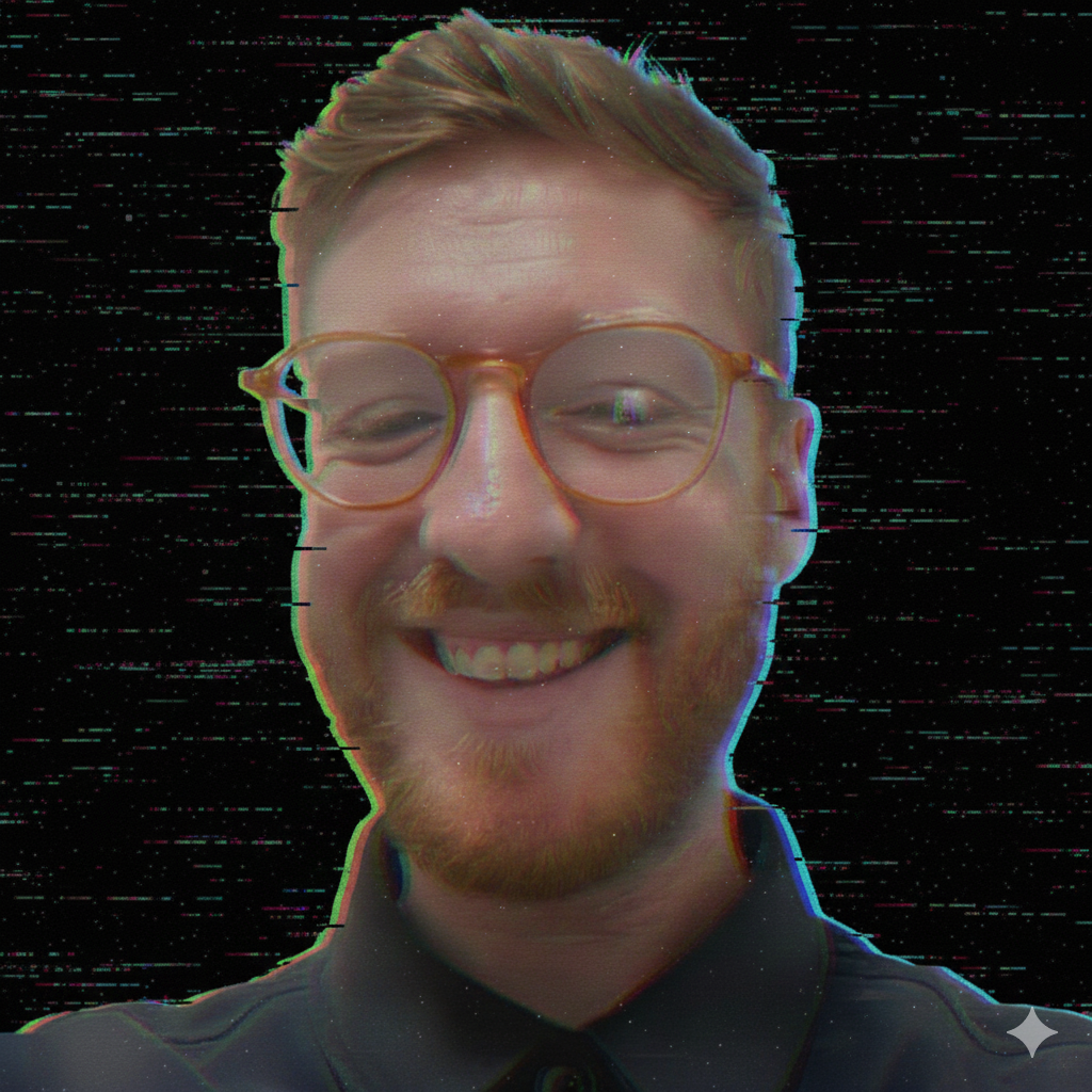 A smiling man with glasses and a beard, shown with a digital glitch effect against a black background.