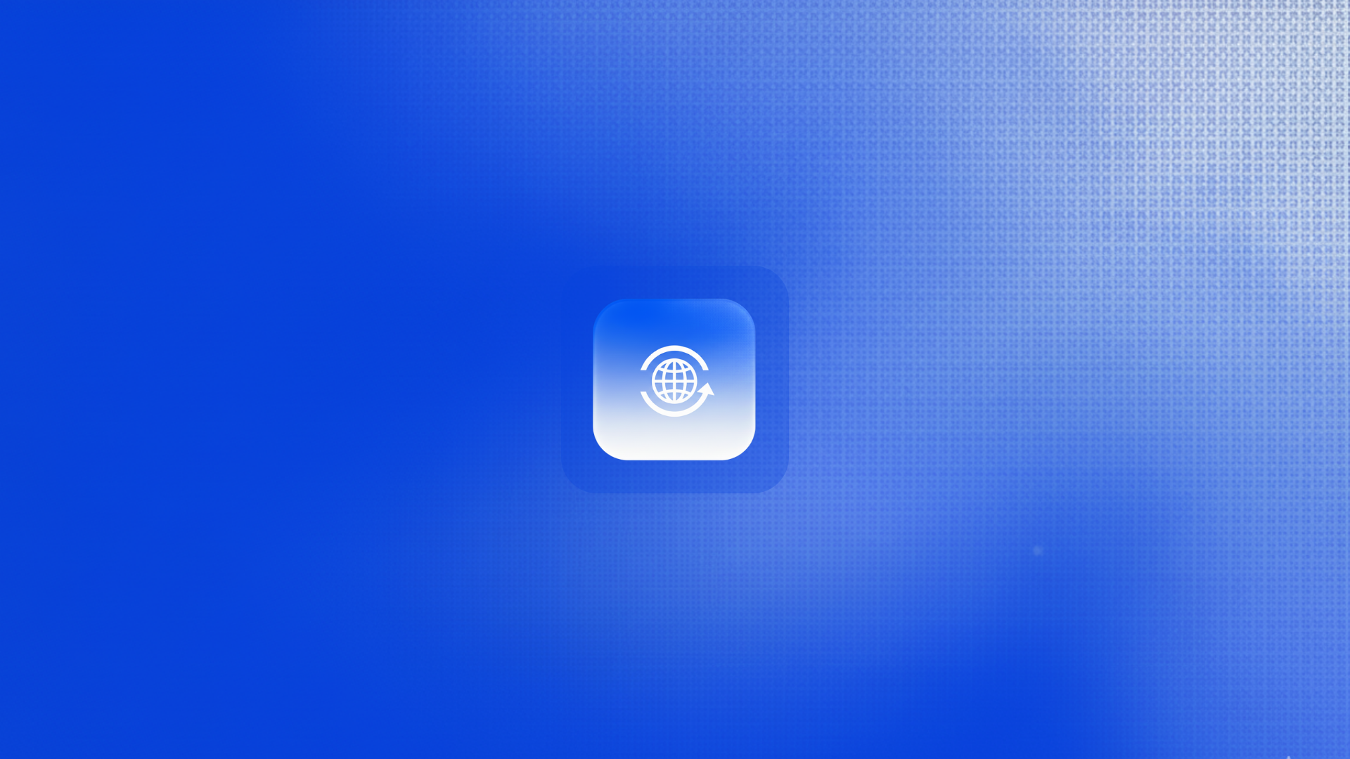 A blue digital background with a white globe and arrows icon centered, resembling a globe with circular arrows around it.