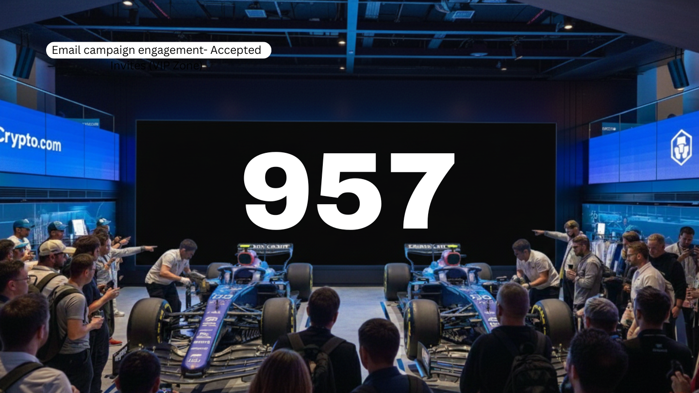 Crowd of people surrounding two Formula 1 race cars in an exhibition hall with digital screens showcasing cryptocurrency branding.