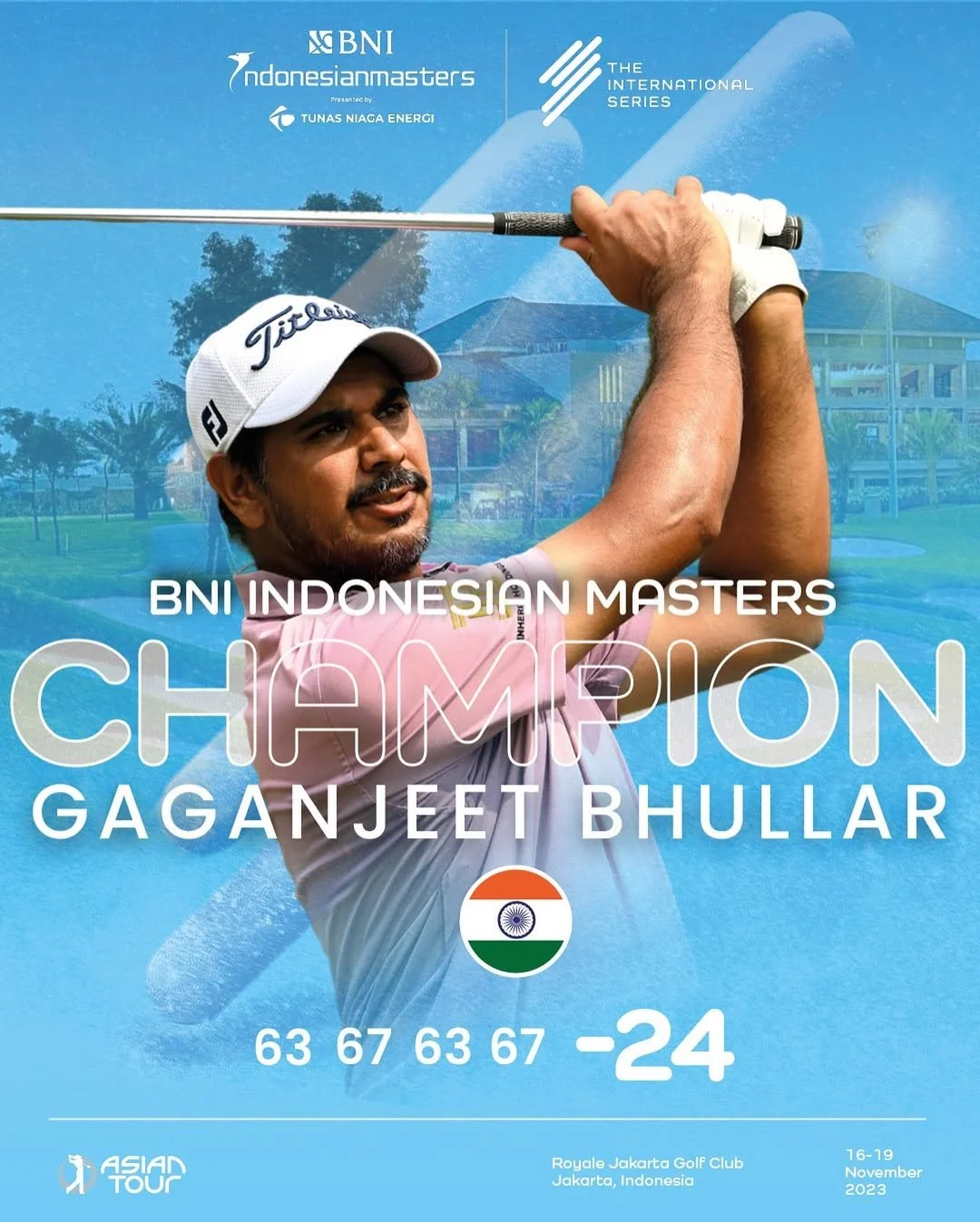 Poster celebrating Gaganjeet Bhullar as the champion of the BNI Indonesian Masters golf tournament, with a golfer swinging a club, event details, and sponsor logos.