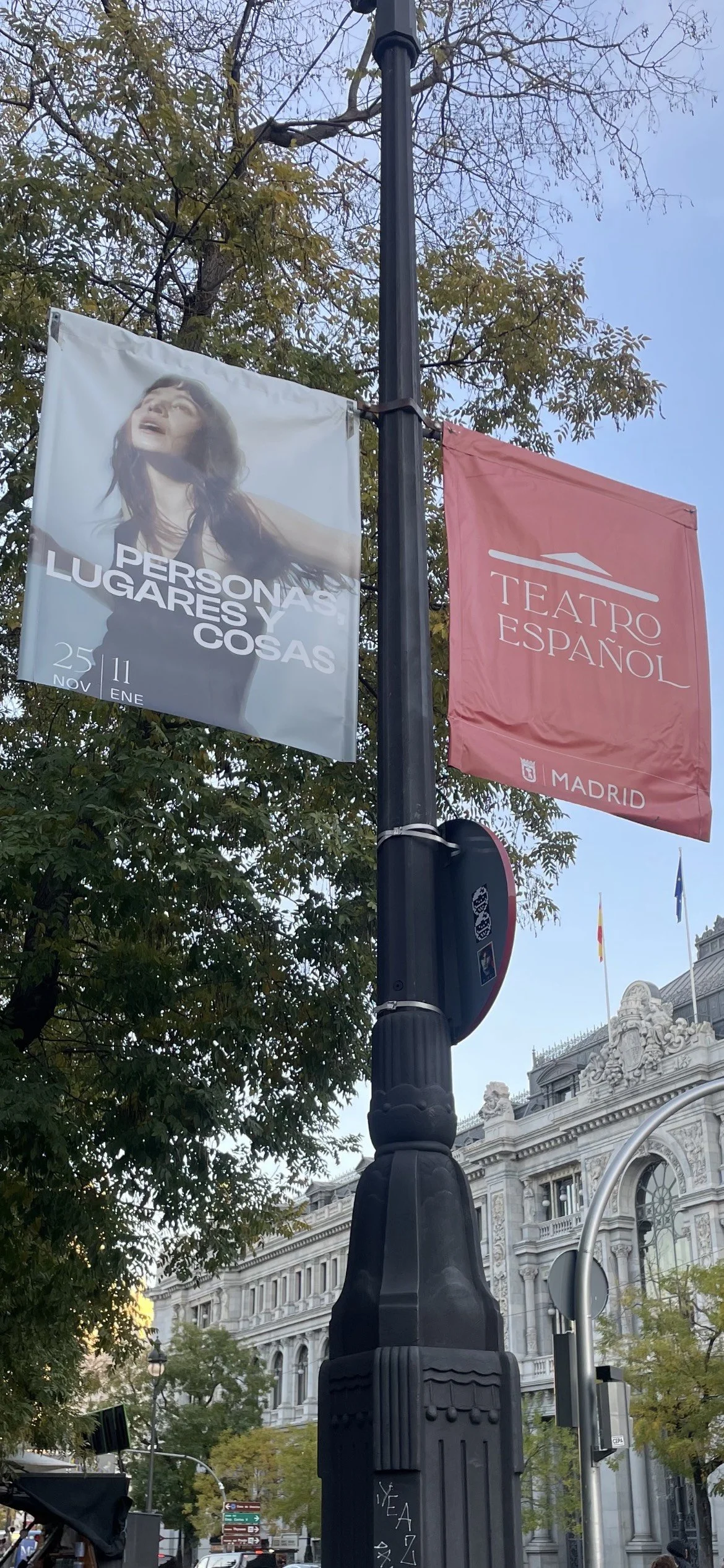 Street view in Madrid with two banners hanging from a lamppost, one advertising a theatrical event titled "Personas Lugares y Cosas" and the other for Teatro Español, with historic buildings and a few trees in the background.