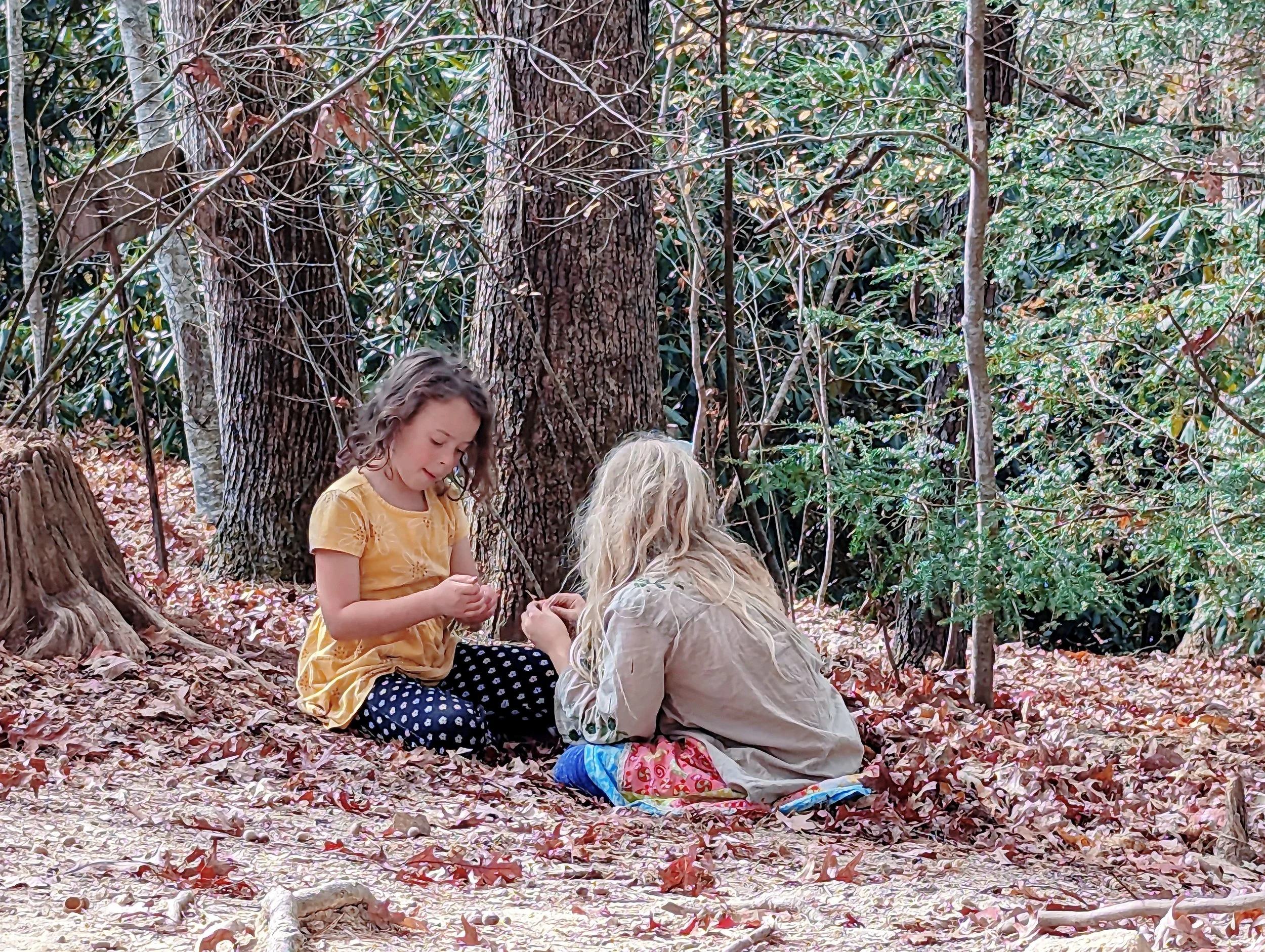 Two young girls sitting on the forest floor covered with fallen leaves, engaged in an activity, surrounded by large trees and green foliage.