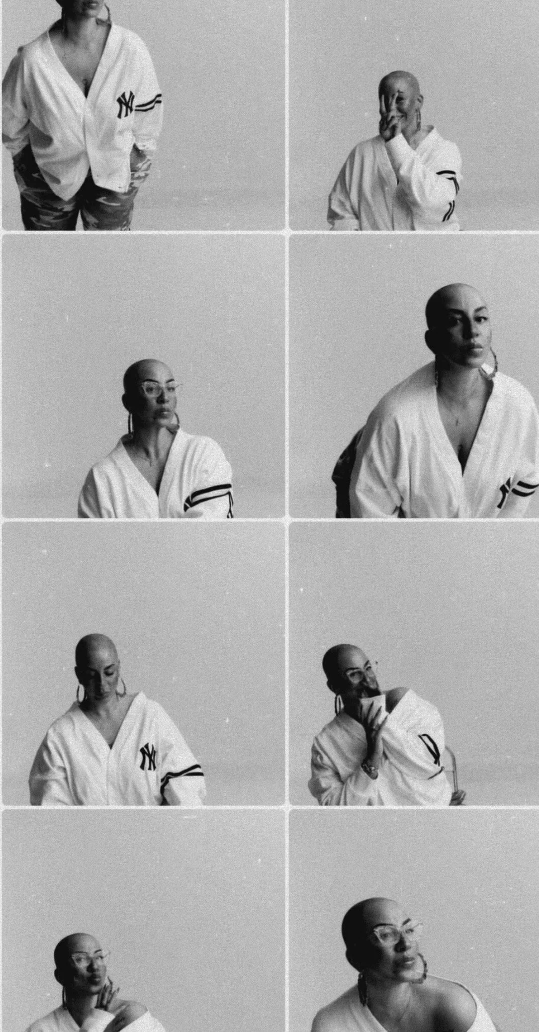 A collage of black-and-white photos featuring a bald woman with glasses, wearing a sports jacket with the New York Yankees logo. The photos show her in various poses and expressions, with some facing forward, some looking to the side, and one with her hand on her chin.