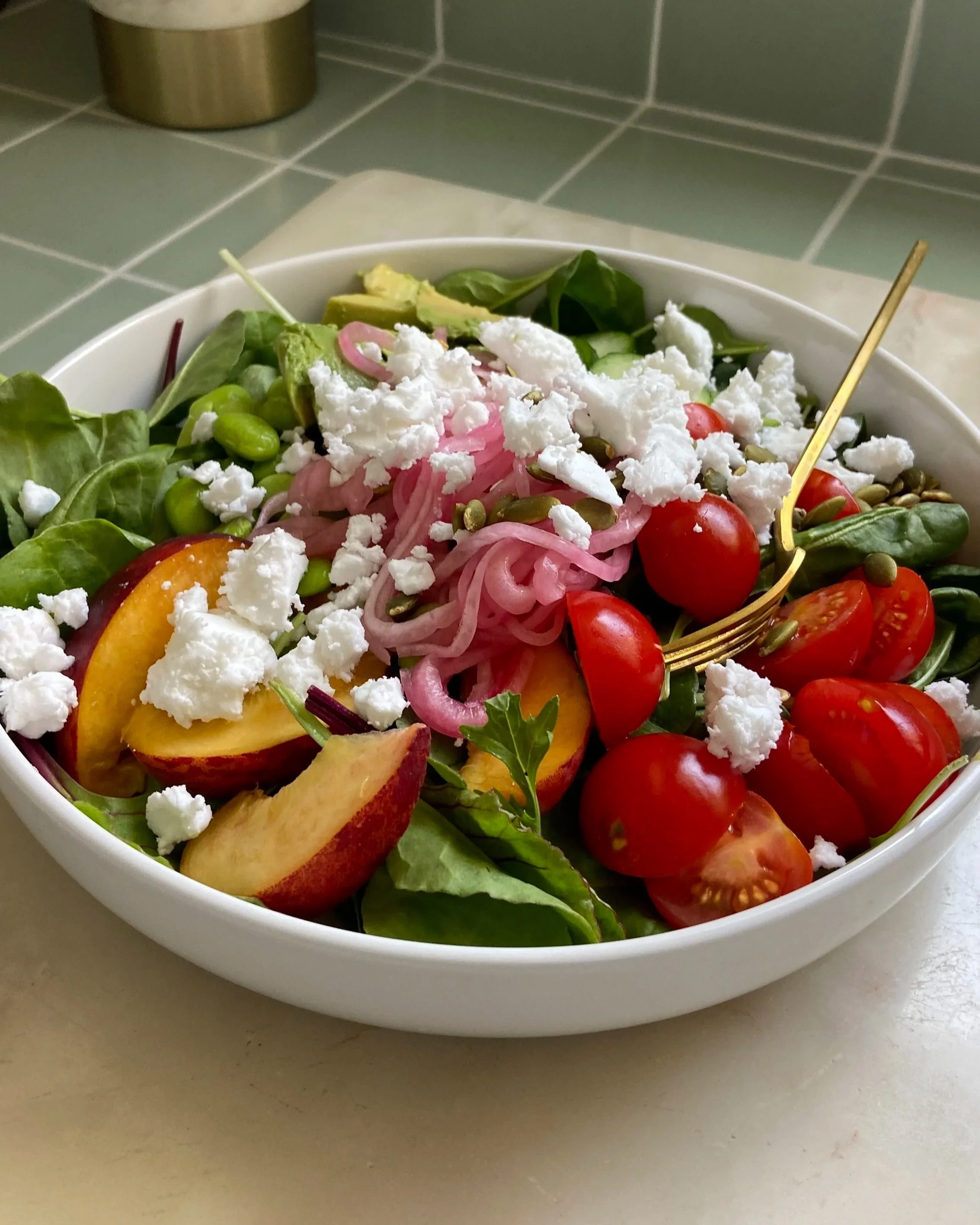 summer salad with cilantro-mint-lime dressing