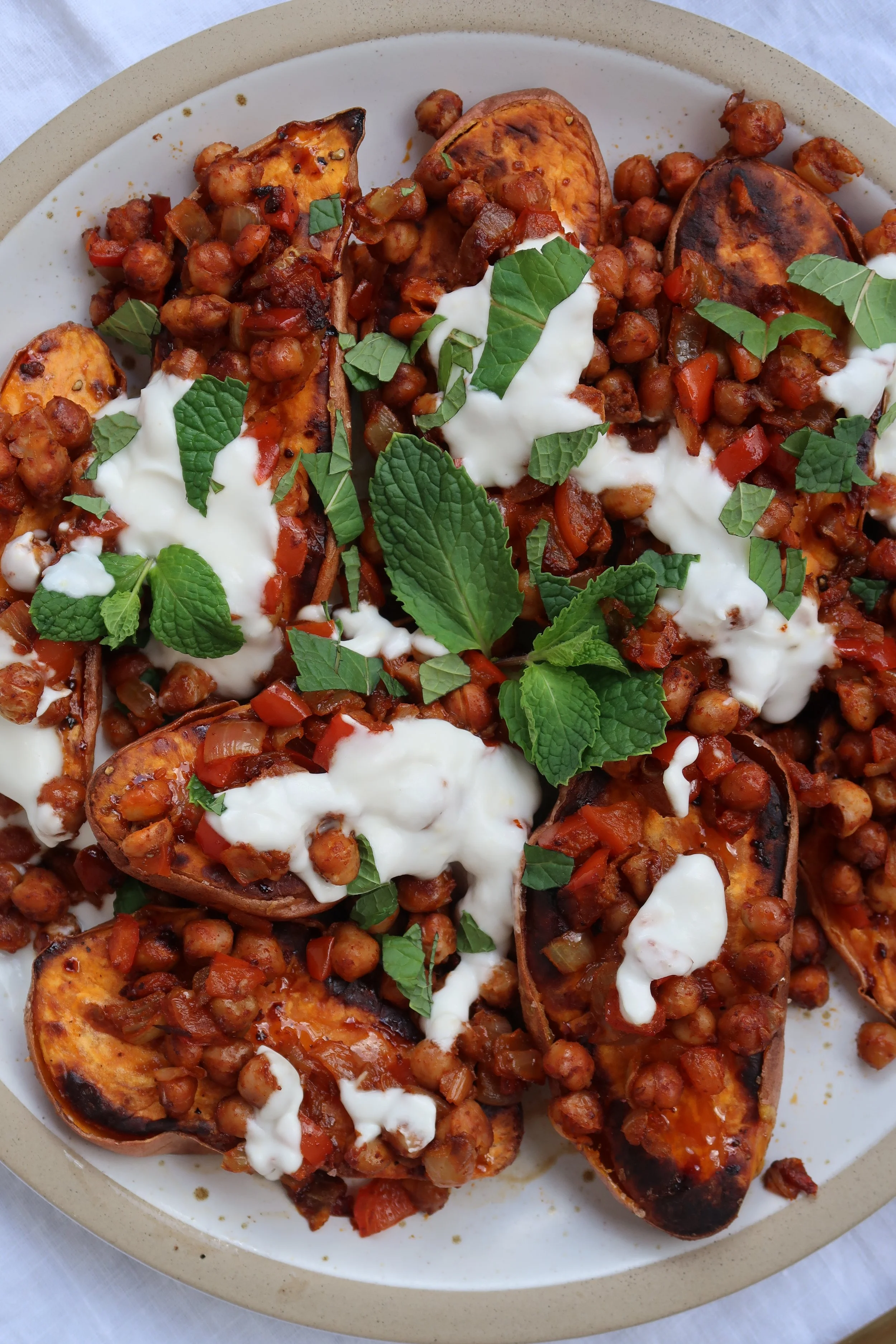 roasted sweet potatoes with harissa chickpeas