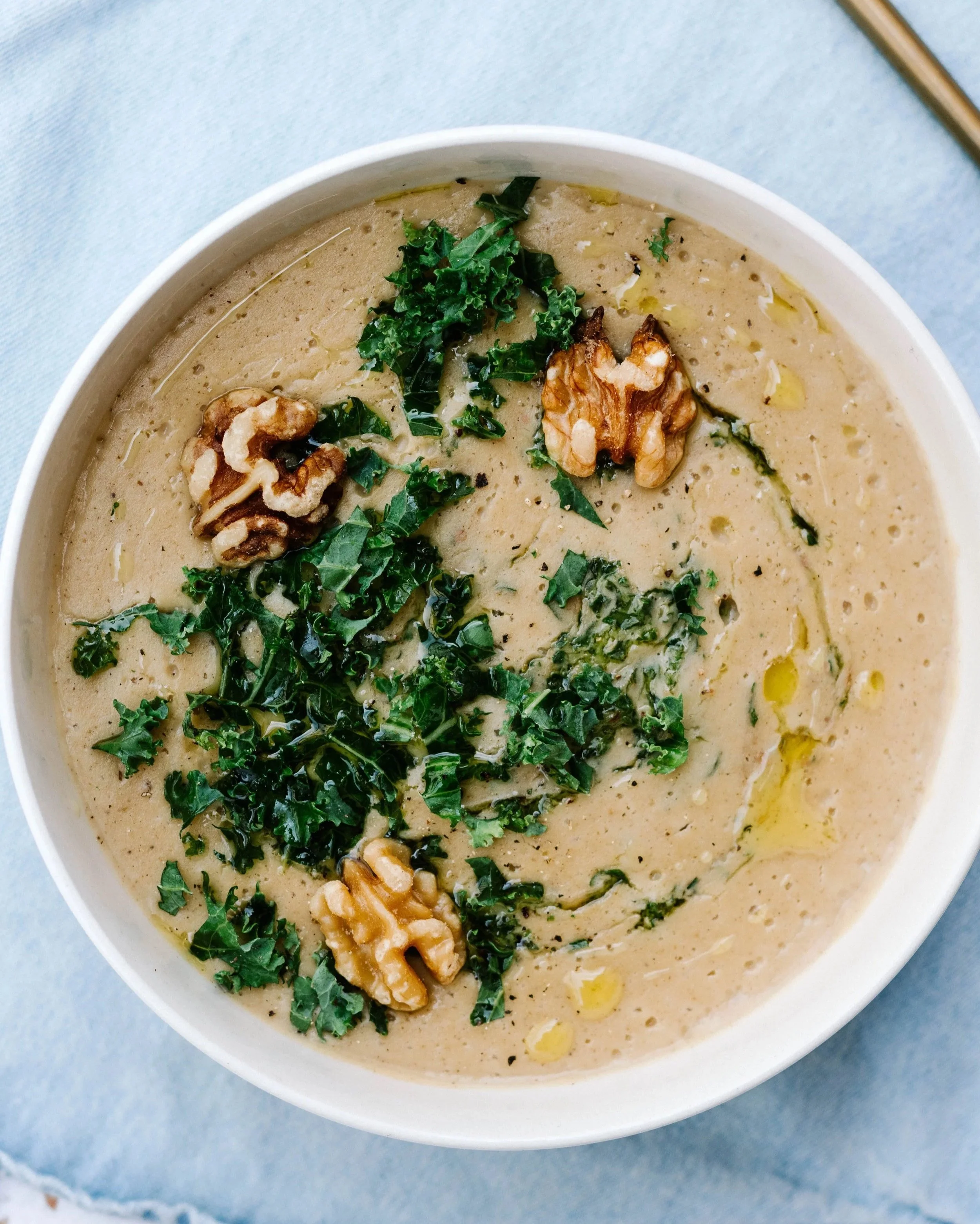 creamy “cheddar” soup with kale pesto