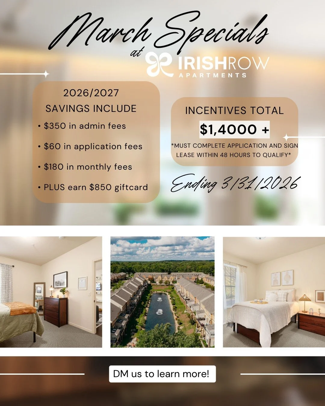 Still in search of housing for the 2026-2027 school year? Come see us at Irish Row to learn more about what our wonderful specials as well as various floorplans! 

Schedule your tour today!