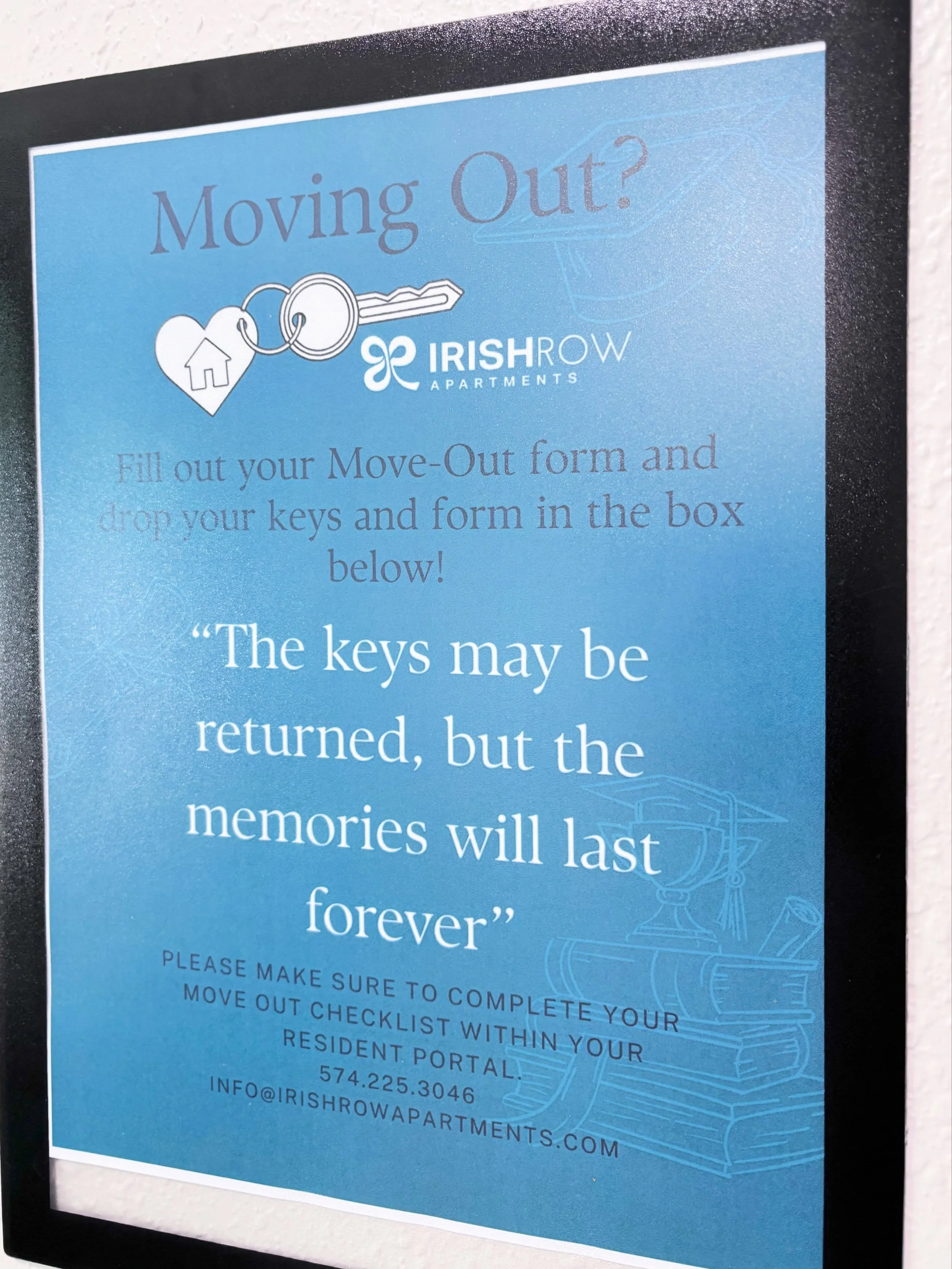 As the school year comes to a close, the flowers begin to bloom 🌸

At Irish Row, it&rsquo;s always bittersweet watching one chapter end while another begins.

For residents moving out, please remember to return your keys and move out form using the 