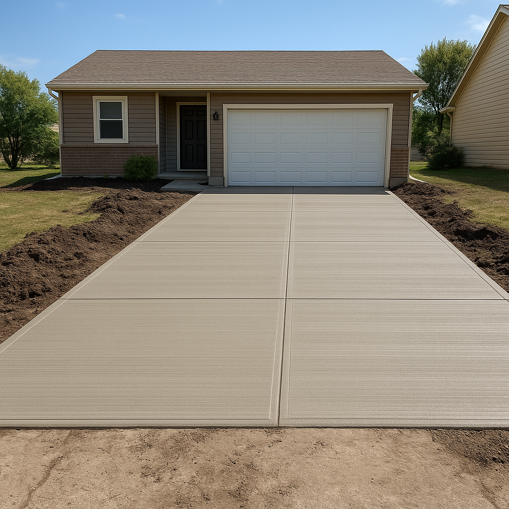 Newly poured concrete driveway leading to a house with a garage and a front door, surrounded by soil and grass, under a clear blue sky.