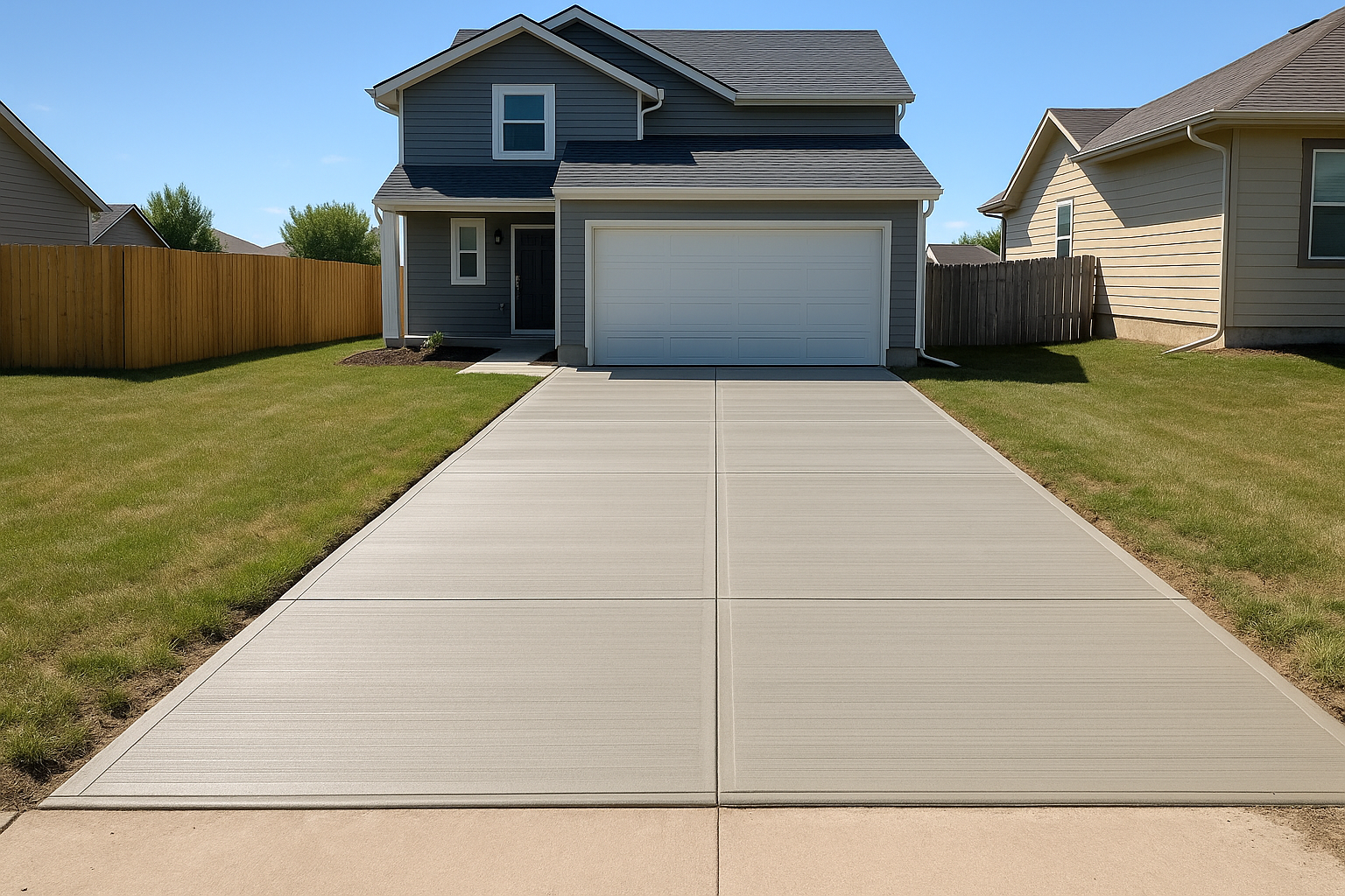 Front view of a modern two-story house with blue siding, a white garage door, and a concrete driveway. The house has a small front porch and a well-maintained lawn on both sides. There are neighboring houses on either side, and a clear blue sky overh