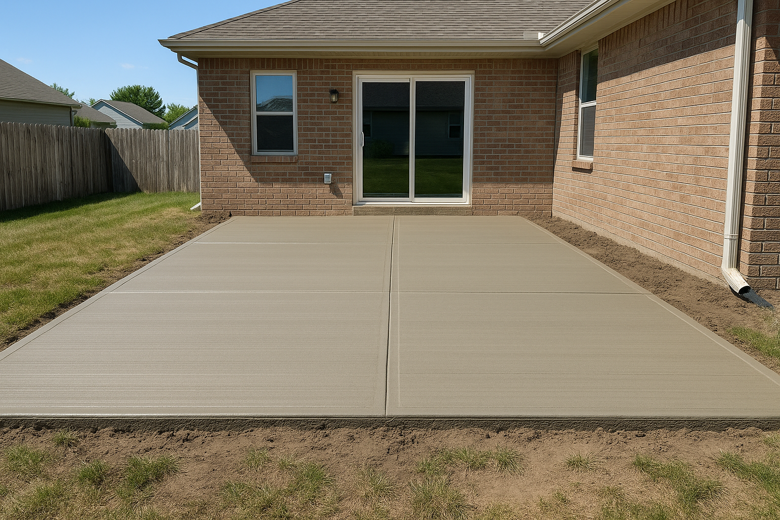 Backyard patio with a newly poured concrete slab, brick house wall, sliding glass door, and small patches of grass and dirt.