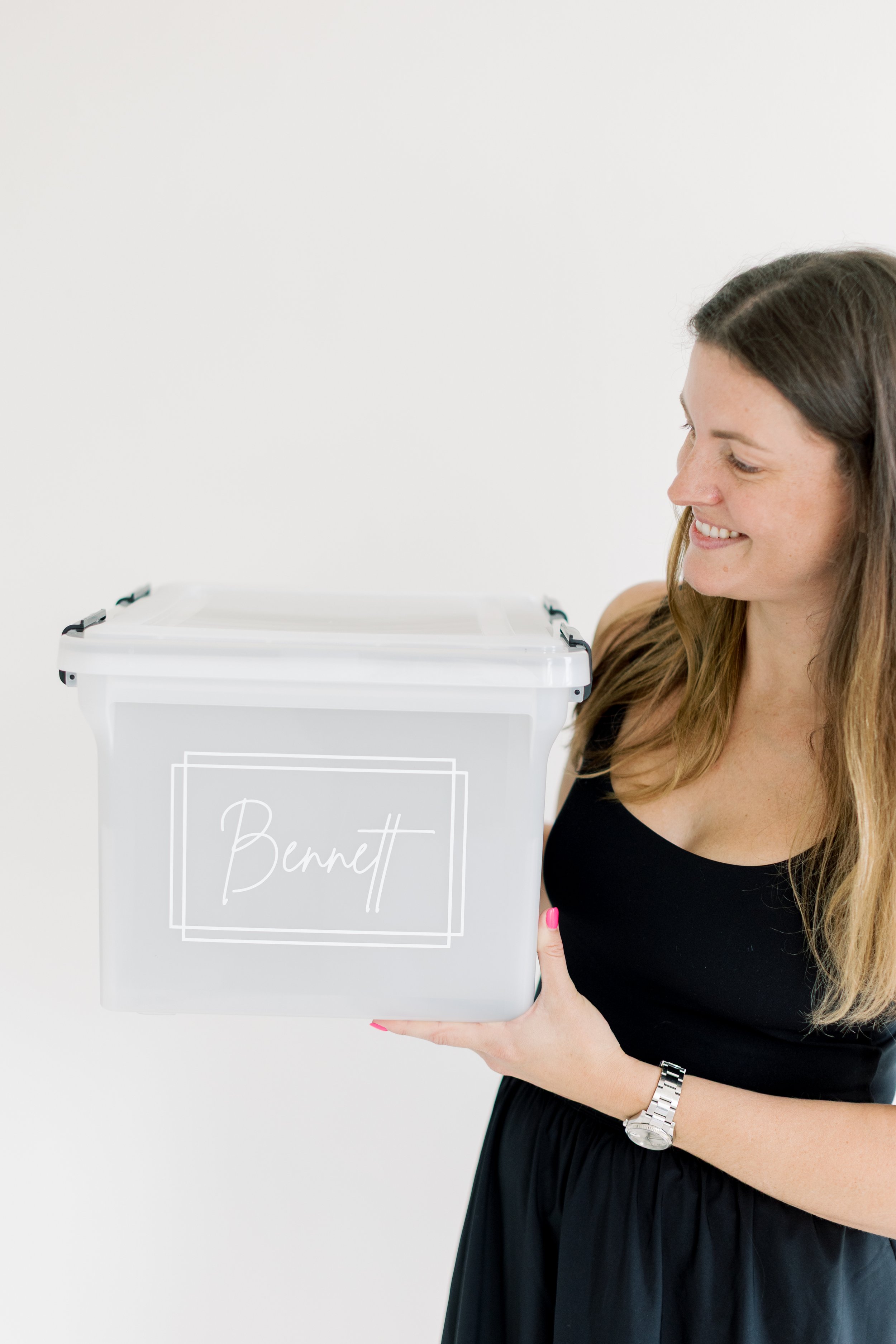Nicole holding a personalized memory box