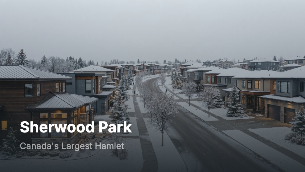 A snowy residential neighborhood with modern houses, snow-covered trees, and a wet road in Sherwood Park, Canada.