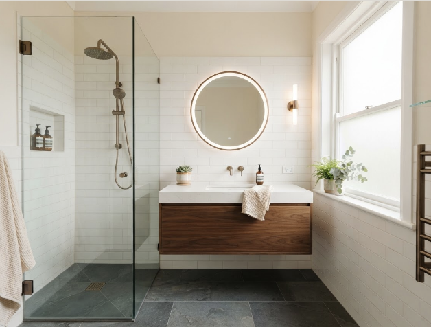 Modern bathroom with a glass-enclosed walk-in shower, a round backlit mirror, a wooden vanity with a white countertop, a towel hanging from the vanity, a potted plant on the windowsill, and a wall-mounted light fixture.