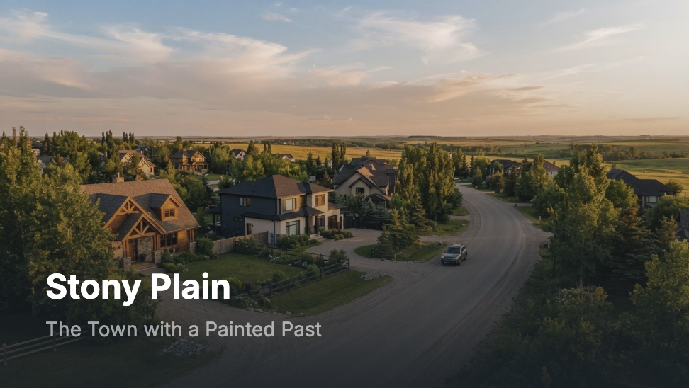 An aerial view of a suburban neighborhood with large houses, a winding road, and green trees, during sunset with a partly cloudy sky.