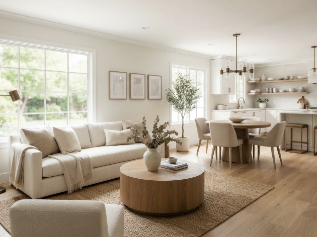 Bright and airy open-concept living and dining area with large windows, beige sofa, round wooden coffee table, potted plant, dining table with chairs, and a modern kitchen with open shelves.