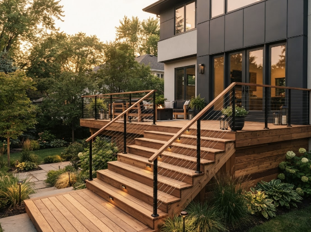 Modern balcony with wooden stairs leading to an outdoor seating area, overlooking a landscaped backyard during sunset.