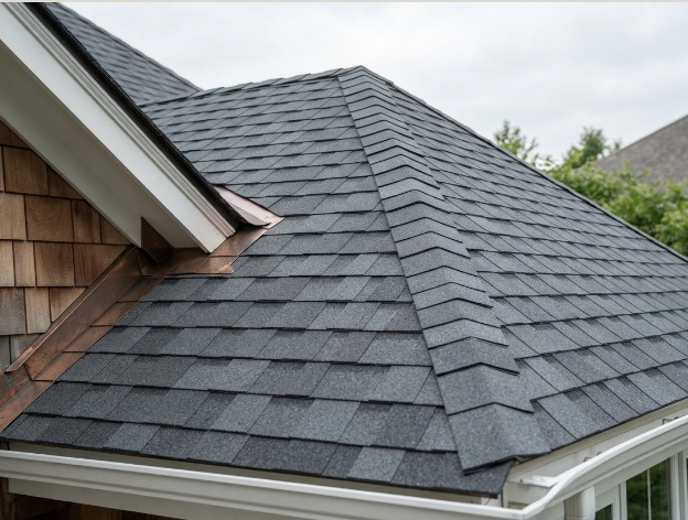 Close-up of a residential house roof with dark gray asphalt shingles, showing a sharply pitched gable and a copper flashing detail near the attic vent.