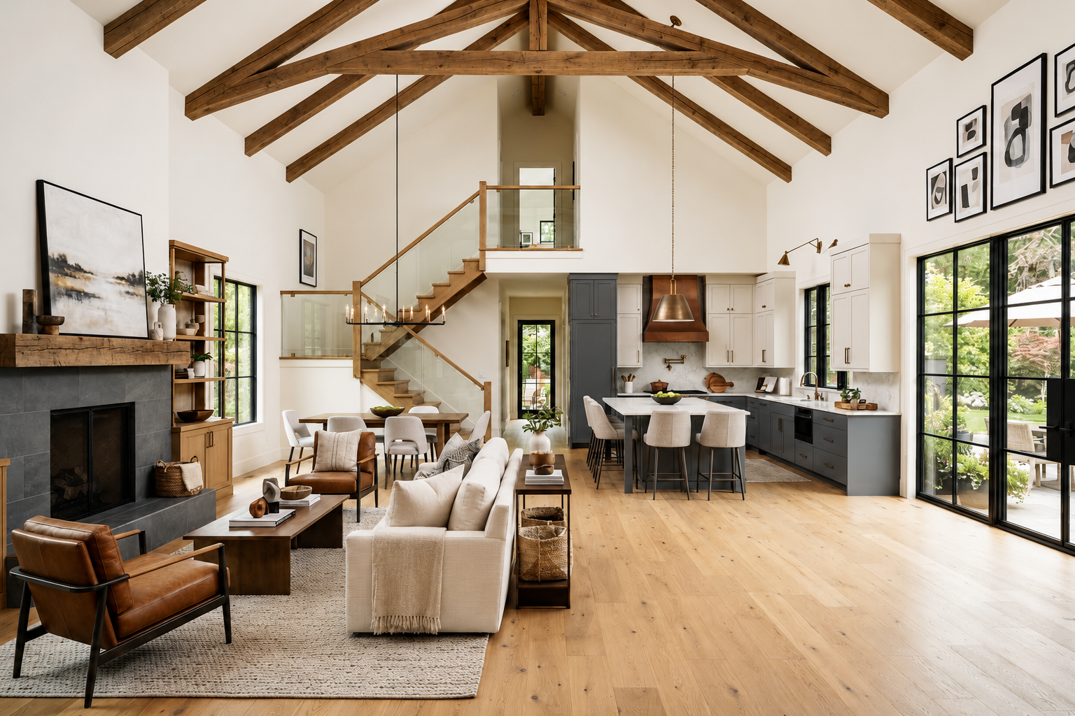 Open-concept living room and kitchen with vaulted ceiling, exposed wooden beams, large windows, and modern furniture, including a beige sofa, leather armchair, dining table with chairs, and kitchen island with bar stools.