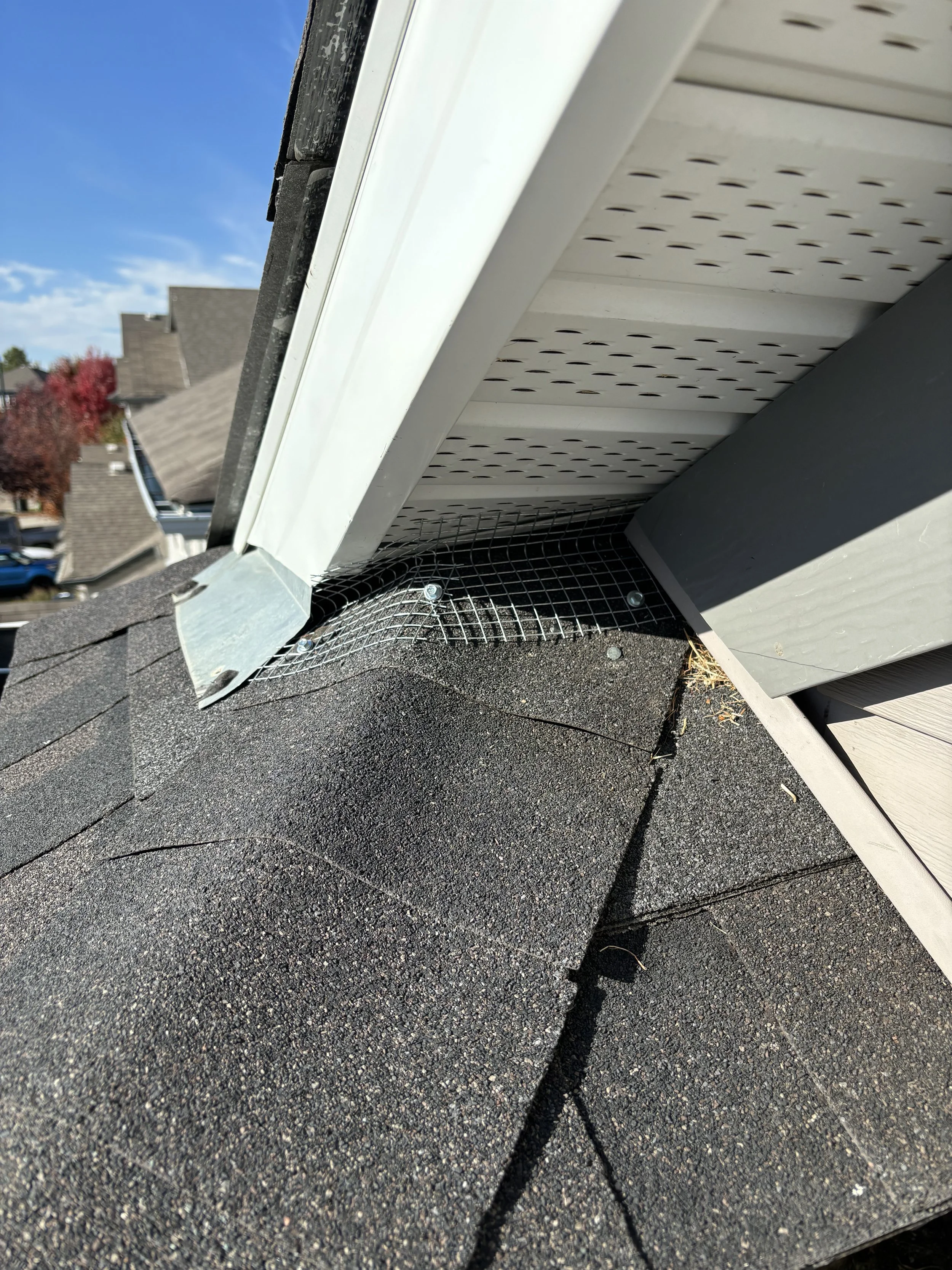 Close-up of a roof intersection showing black asphalt shingles, metal flashing, and a mesh wire for attic ventilation beneath the eaves against a blue sky with clouds.