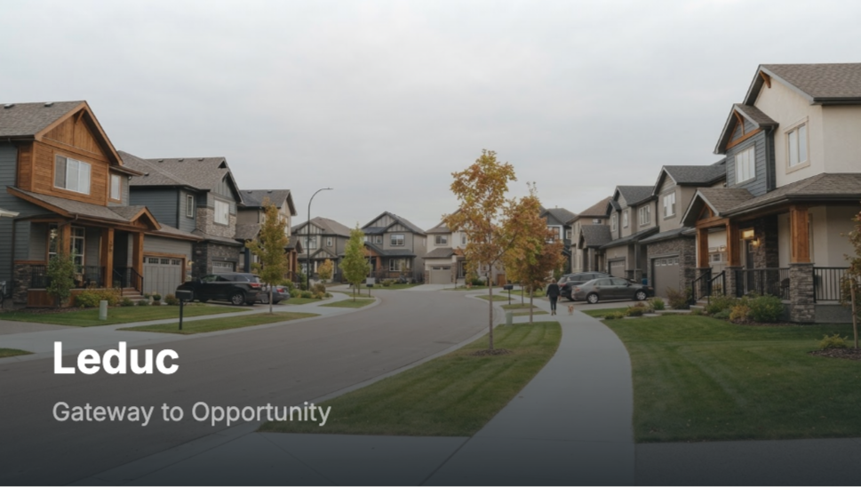 A suburban neighborhood street with modern houses, trees, parked cars, and a person walking on the sidewalk. Overcast sky.