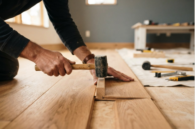 Person installing or repairing hardwood flooring using a hammer and a pry bar in a room with a blue wall and a work table.
