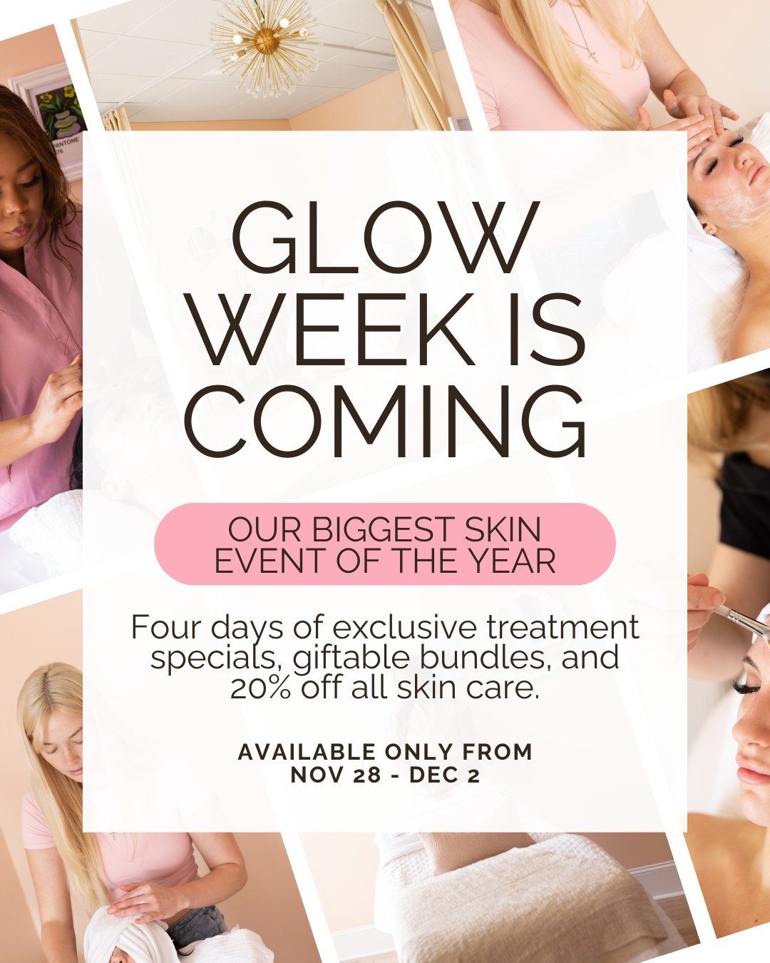 Glow Week is almost here&hellip; Our Black Friday through Cyber Monday event where we launch our best specials of the year. 🎁🎉

From November 28th through December 2nd, you will be able to book the following offers:

✨ V-Tox Firming Facial &mdash; 