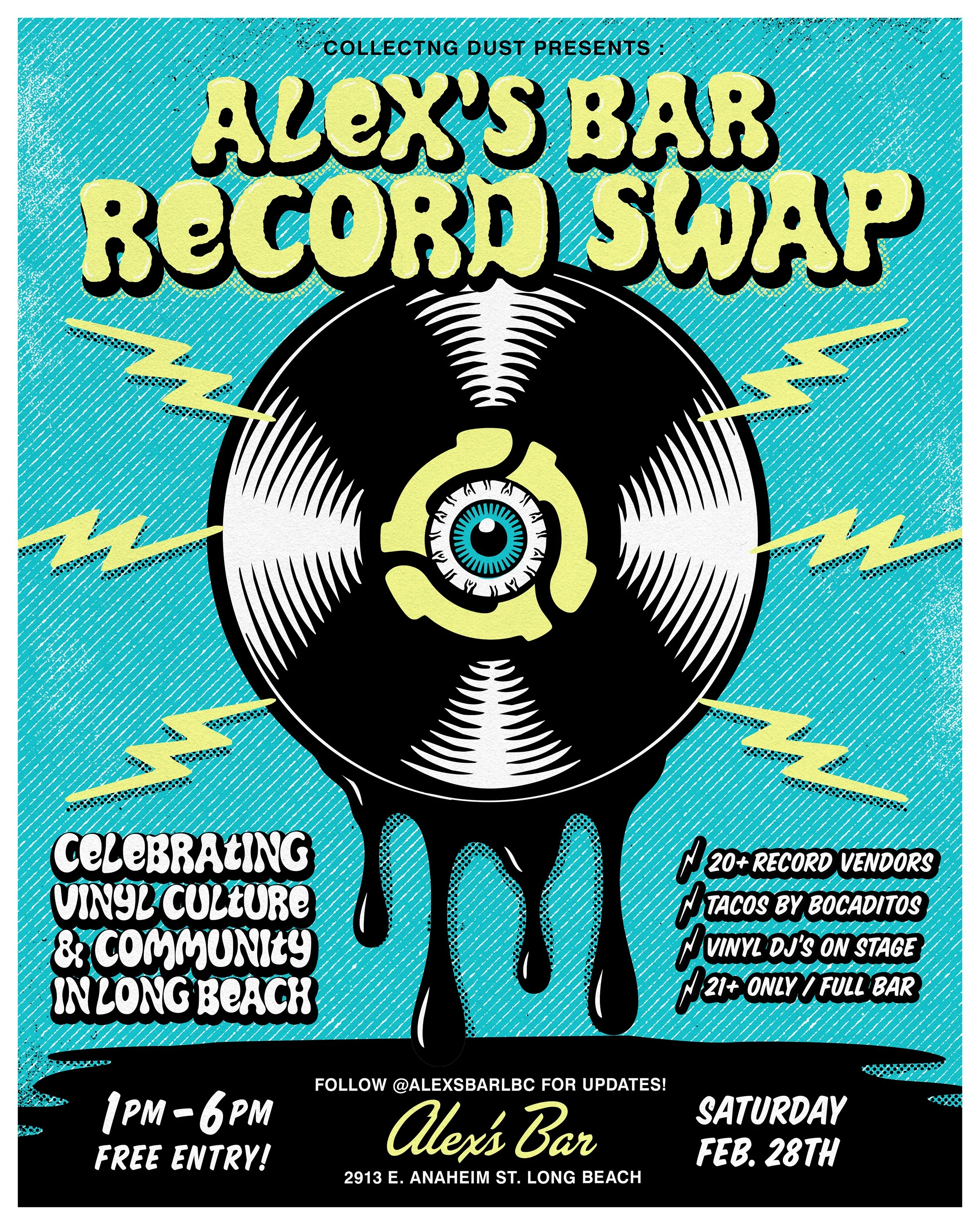 flyer for alex's bar record swap, presented by Collectng Dust. Details of the event shared including time, age gate, address, and description of the event