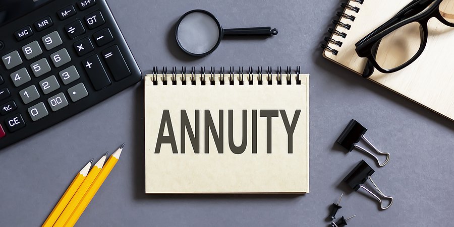 Notepad with the word 'ANNUITY' written on it with calculator.