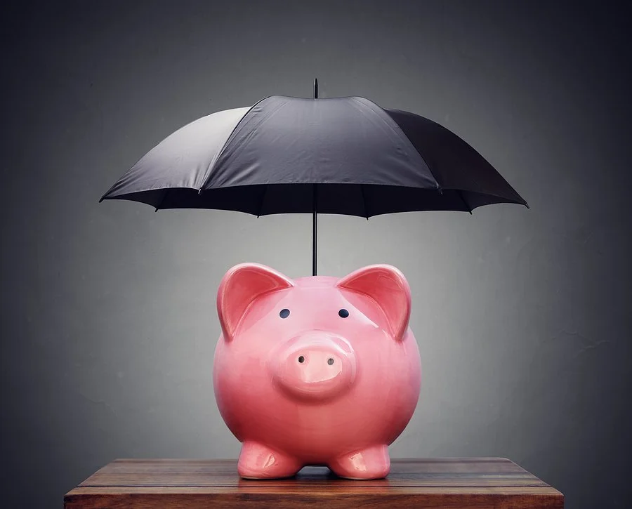 Pink piggy bank with a black umbrella over it