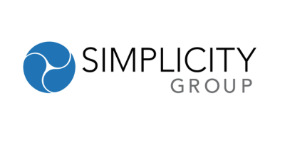 Simplicity Group logo with a blue circular emblem and black and gray text
