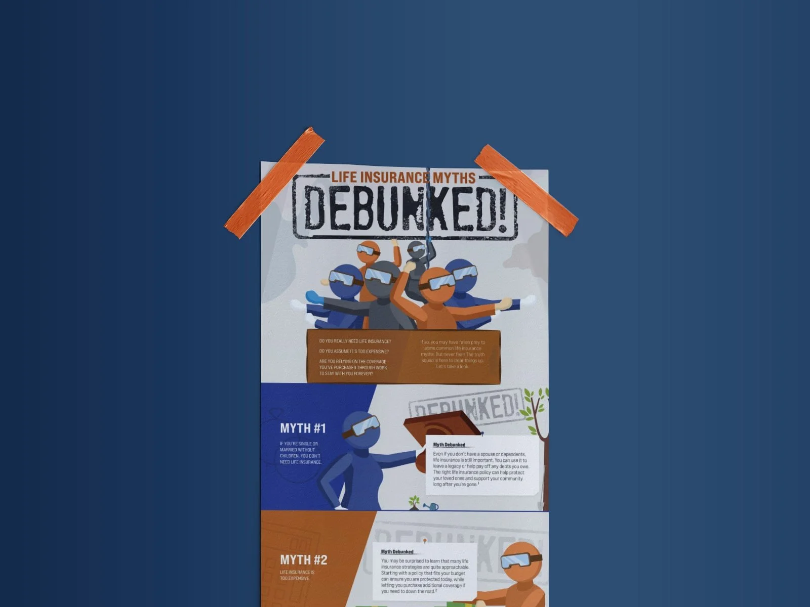 Infographic about life insurance myths being debunked, featuring cartoon characters wearing goggles and masks, with headlines and text blocks addressing common misconceptions.