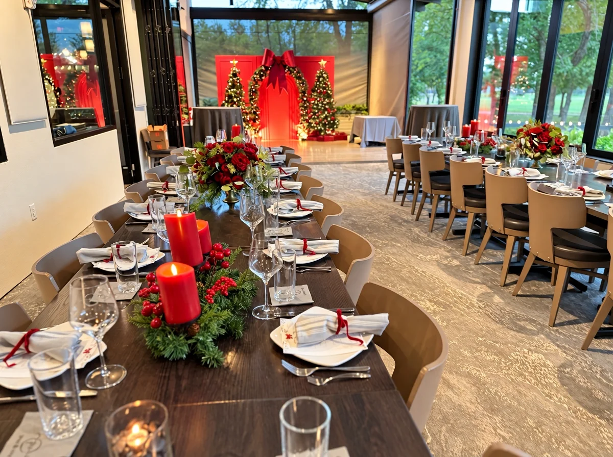 Holiday dining tables styled with red floral centerpieces, candles, and greenery, with a red backdrop and Christmas trees in the background.