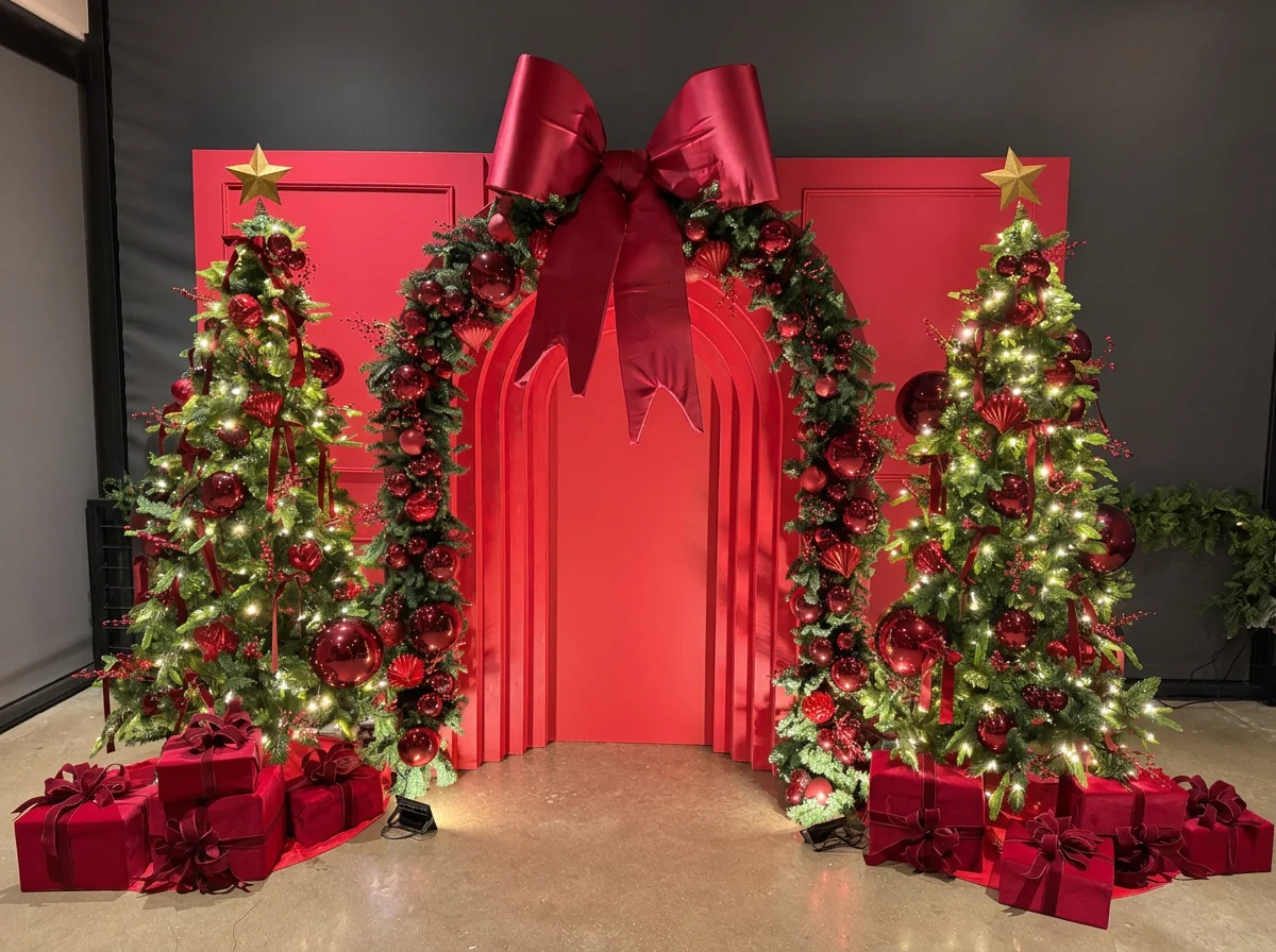 Red arched holiday backdrop framed by decorated Christmas trees, evergreen garland, an oversized red bow, and wrapped gifts