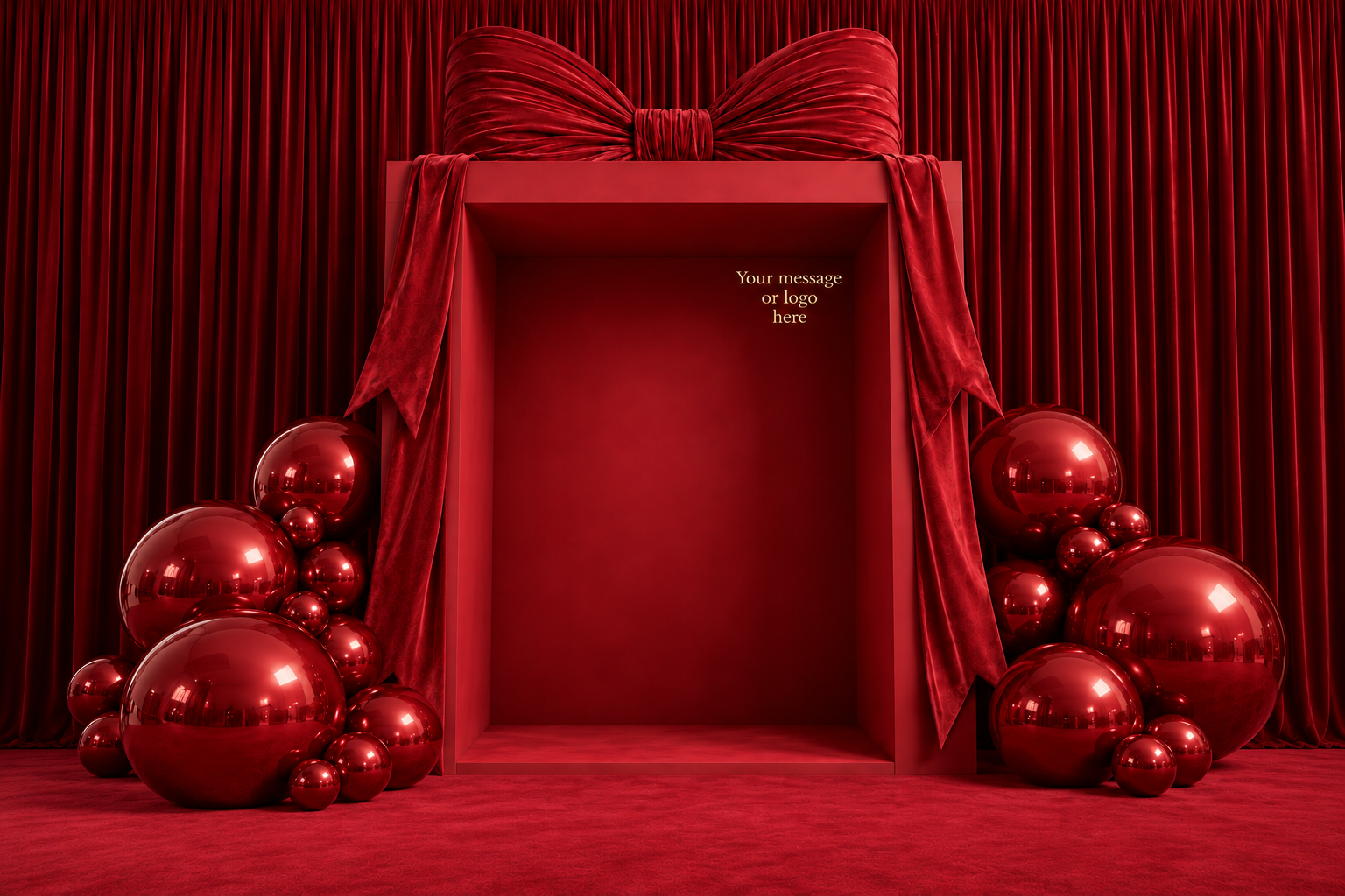 Red gift-inspired backdrop design concept with an oversized bow, red balloons, and space for a company logo or message.